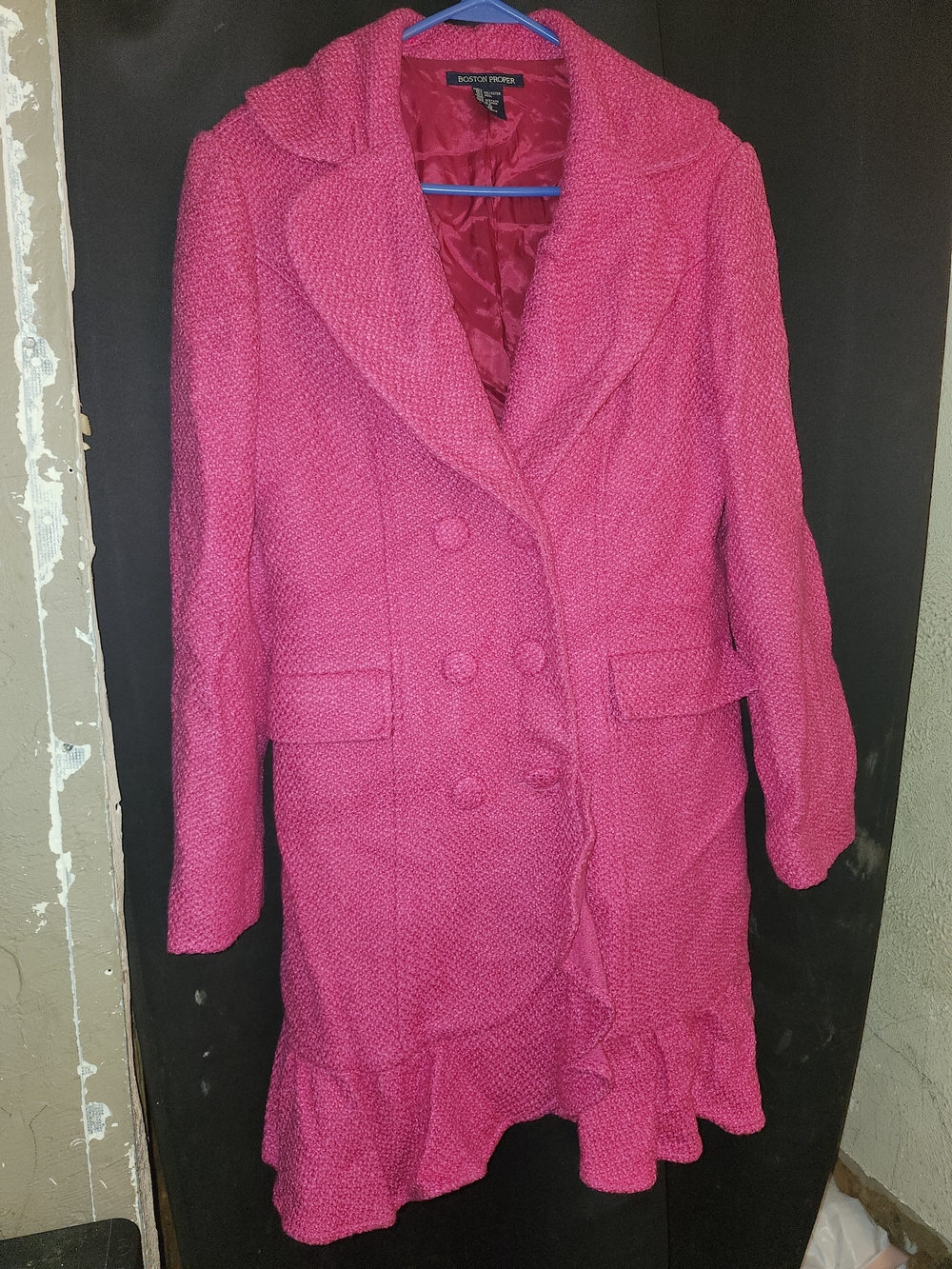Boston Proper Bright Pink Textured Double-Breasted Pea Coat with Ruffle Hem
